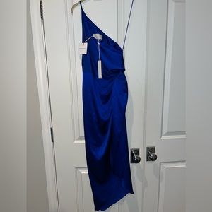 Michelle Mason twist knot gown in blue satin. Size 0. Brand new with tags.